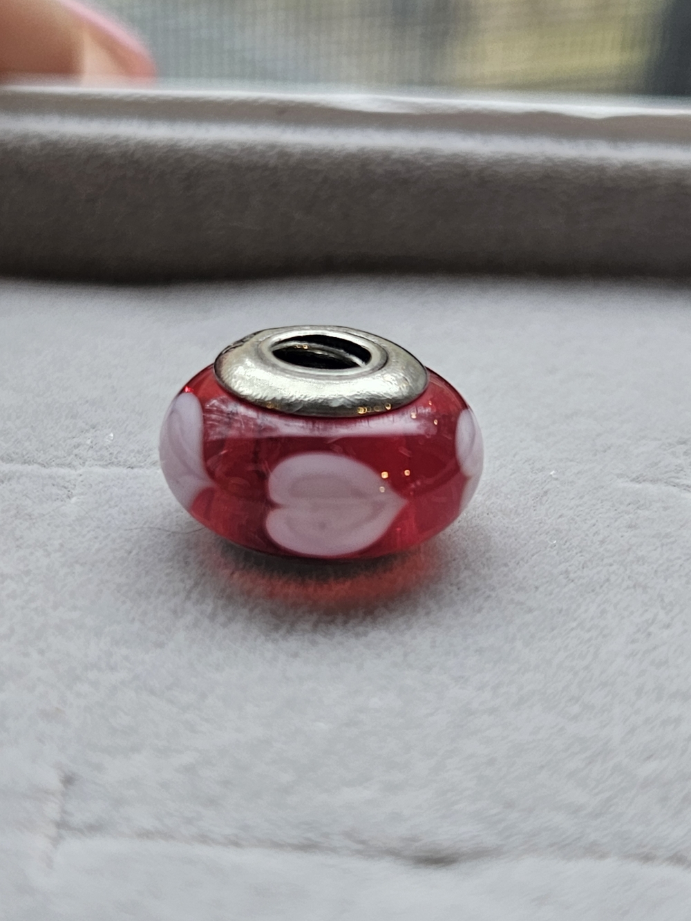 Pandora Red Glass Charm with White/pink Heart Accents
